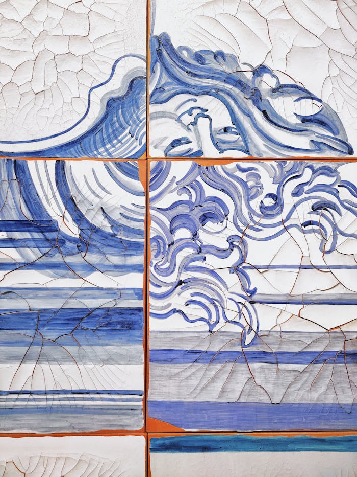 Intricate artistic blue wave design on a cracked tile surface, showcasing classic style.